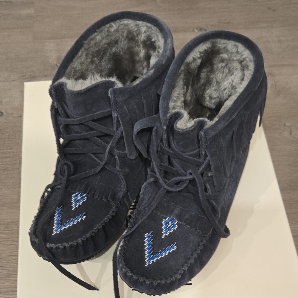 Navy Suede Moccasin Boots with Fur Lining